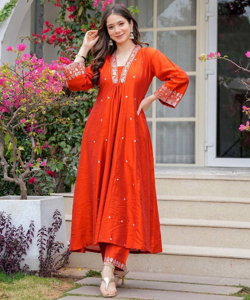 Women's orange viscose chanderi sequin embroidered kurta pant set with chanderi dupatta