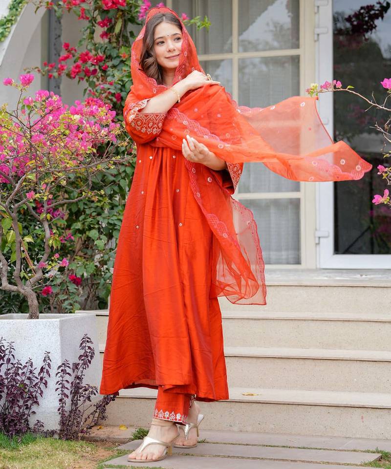 Women's orange viscose chanderi sequin embroidered kurta pant set with chanderi dupatta