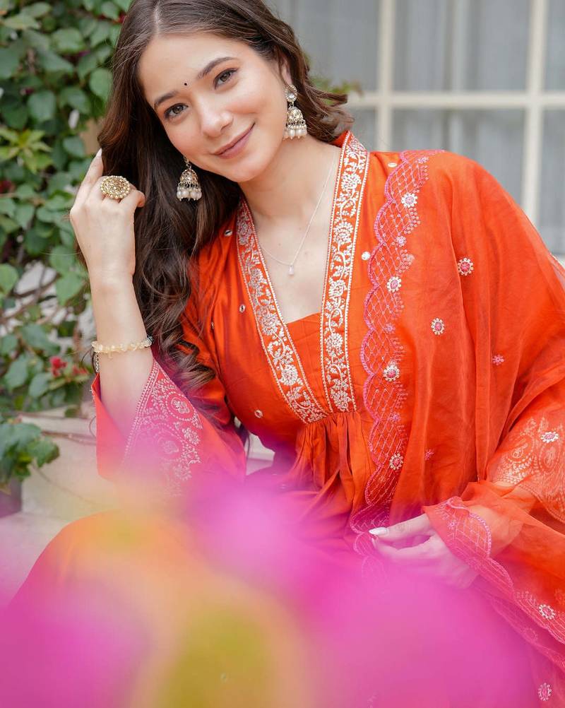 Women's orange viscose chanderi sequin embroidered kurta pant set with chanderi dupatta