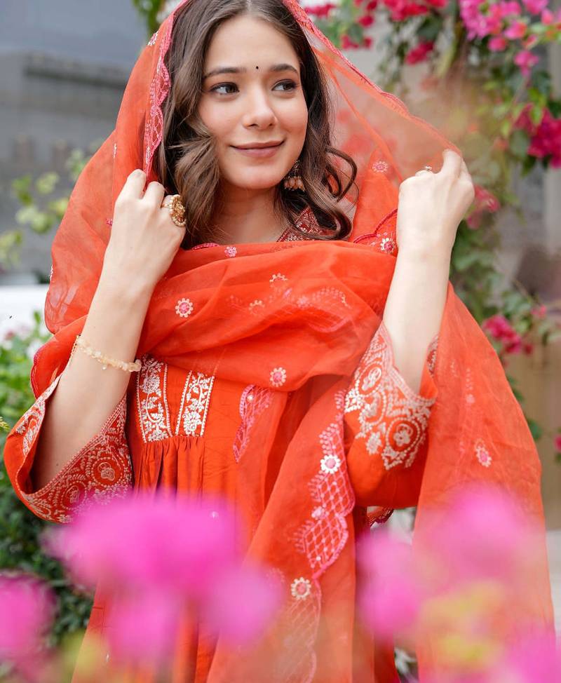 Women's orange viscose chanderi sequin embroidered kurta pant set with chanderi dupatta