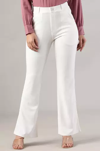 Women solid white regular fit mid-rise flat front trousers