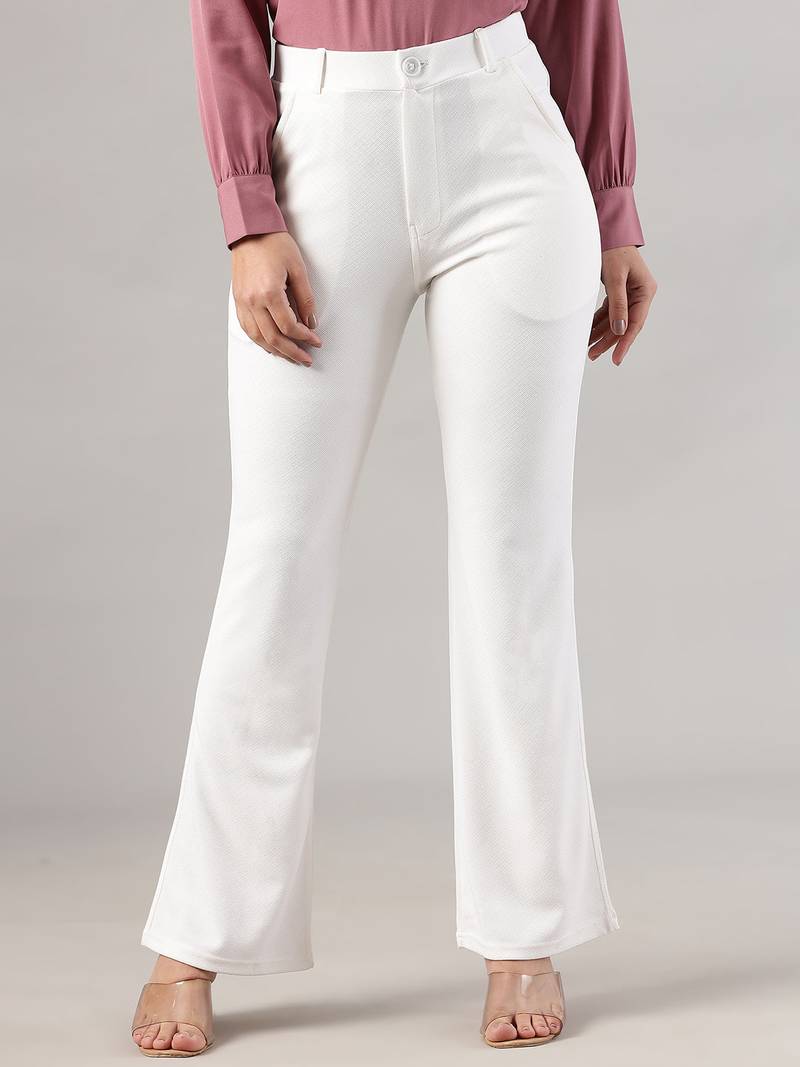 Women solid white regular fit mid-rise flat front trousers