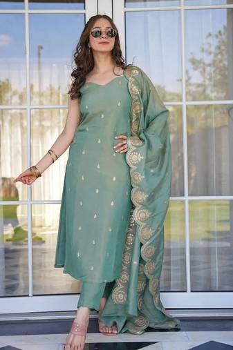 Women's olive green viscose chanderi sequin embroidered kurta pant set with dupatta