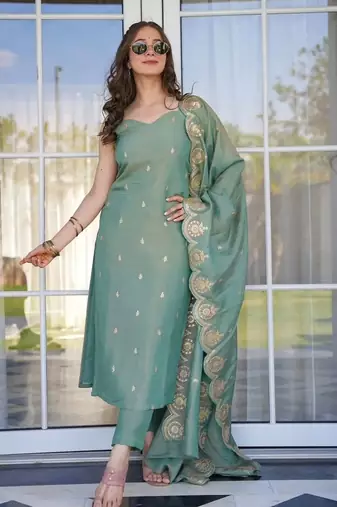 Women's olive green viscose chanderi sequin embroidered kurta pant set with dupatta