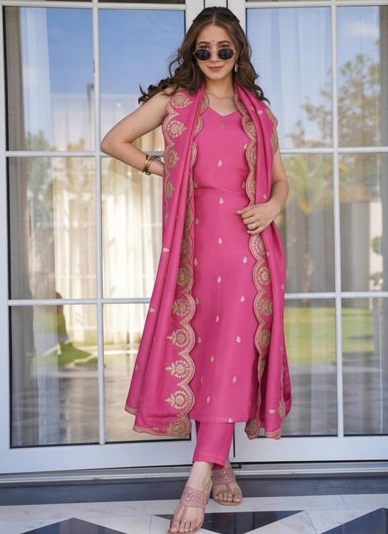 Women's pink green viscose chanderi sequin embroidered kurta pant set with dupatta