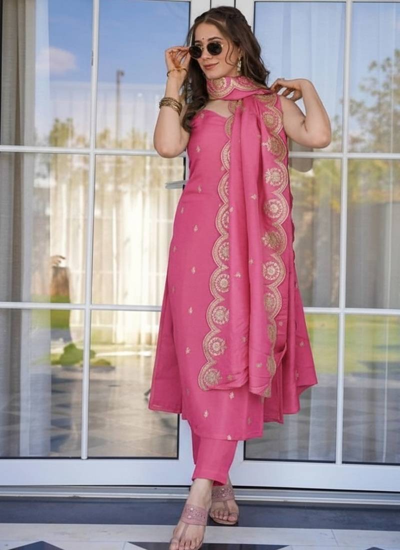 Women's pink green viscose chanderi sequin embroidered kurta pant set with dupatta