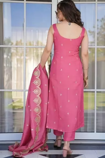 Women's pink green viscose chanderi sequin embroidered kurta pant set with dupatta