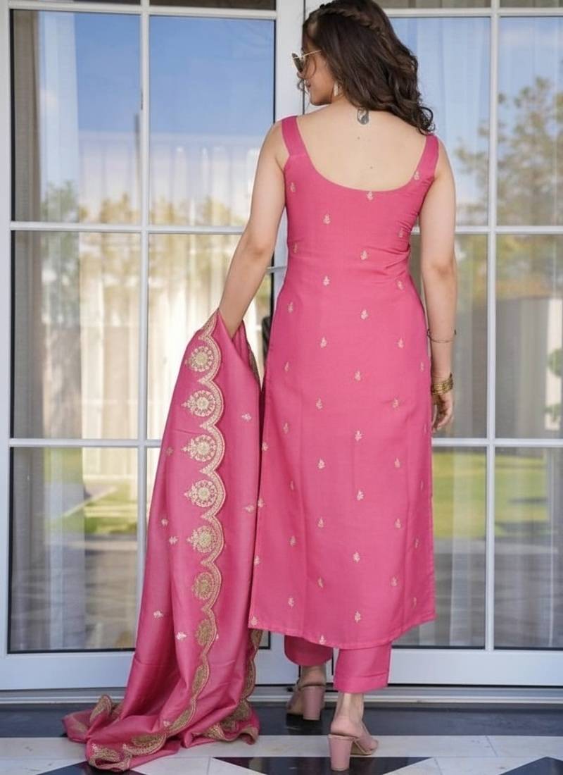 Women's pink green viscose chanderi sequin embroidered kurta pant set with dupatta