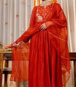 Women's orange chanderi silk sequin embroidered v neck kurta pant set with chanderi dupatta