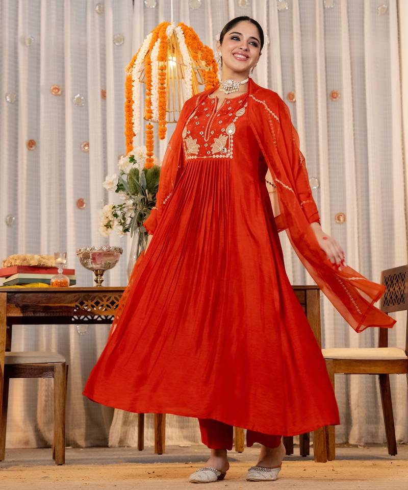 Women's orange chanderi silk sequin embroidered v neck kurta pant set with chanderi dupatta
