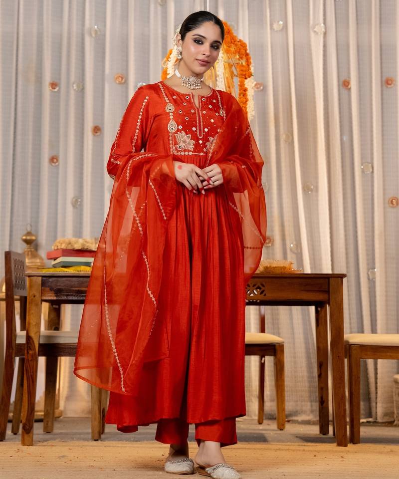 Women's orange chanderi silk sequin embroidered v neck kurta pant set with chanderi dupatta