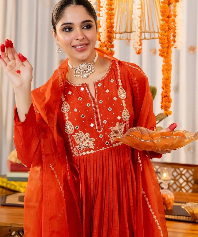 Women's orange chanderi silk sequin embroidered v neck kurta pant set with chanderi dupatta