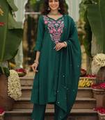 Women's green viscose rayon sequin stone embroidered v neck kurta pant set with chanderi dupatta