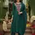 Women's green viscose rayon sequin stone embroidered v neck kurta pant set with chanderi dupatta