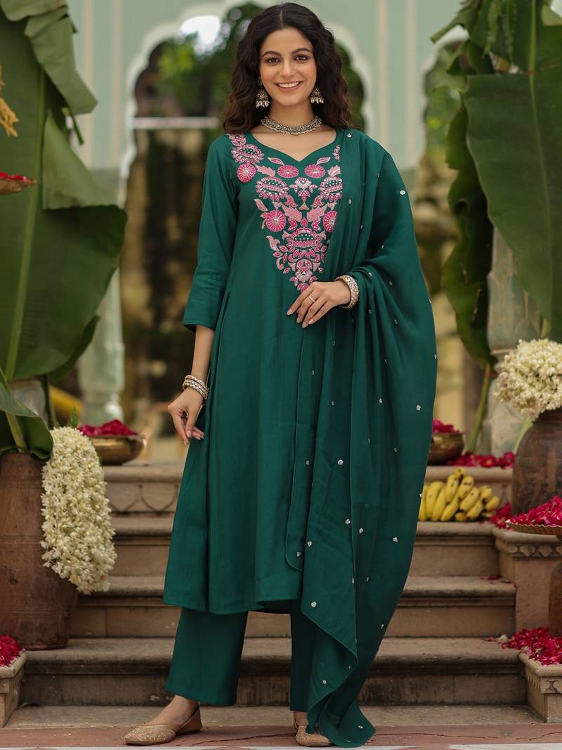 Women's green viscose rayon sequin stone embroidered v neck kurta pant set with chanderi dupatta