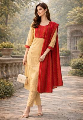 Arriva fab women's cotton gotapatti lace design straight side slit kurta set with duppata 1