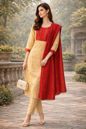  women's cotton gotapatti lace design straight side slit kurta set with duppata