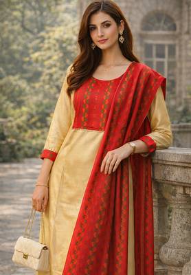 Arriva fab women's cotton gotapatti lace design straight side slit kurta set with duppata 2