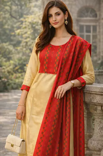 Arriva fab women's cotton gotapatti lace design straight side slit kurta set with duppata