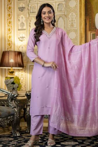 Women's pink viscose rayon sequin stone embroidered v neck kurta pant set with chanderi dupatta