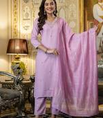 Women's pink viscose rayon sequin stone embroidered v neck kurta pant set with chanderi dupatta