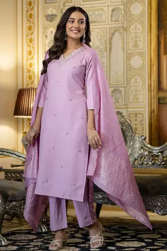 Women's pink viscose rayon sequin stone embroidered v neck kurta pant set with chanderi dupatta