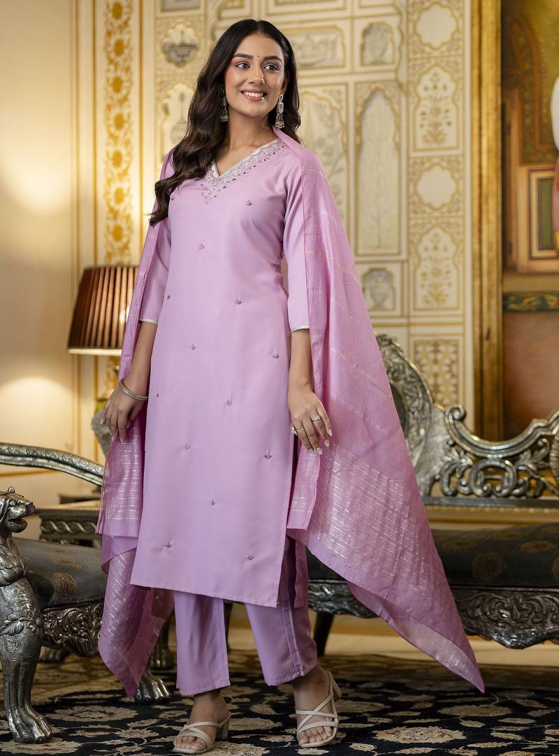 Women's pink viscose rayon sequin stone embroidered v neck kurta pant set with chanderi dupatta
