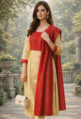 Arriva fab women's cotton gotapatti lace design straight side slit kurta set with duppata 4