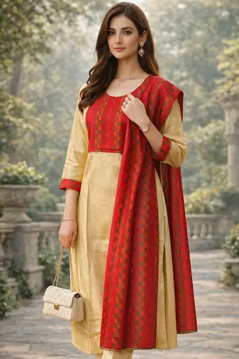 Arriva fab women's cotton gotapatti lace design straight side slit kurta set with duppata