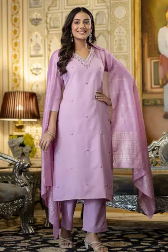 Women's pink viscose rayon sequin stone embroidered v neck kurta pant set with chanderi dupatta