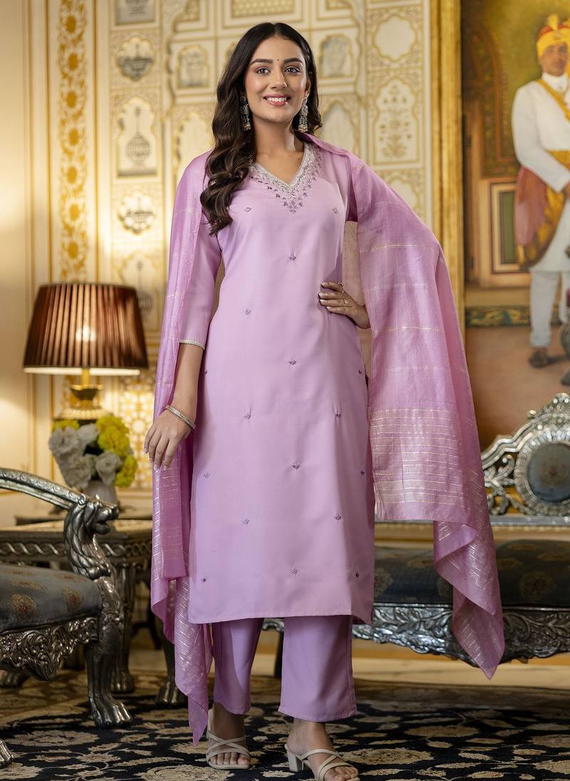 Women's pink viscose rayon sequin stone embroidered v neck kurta pant set with chanderi dupatta