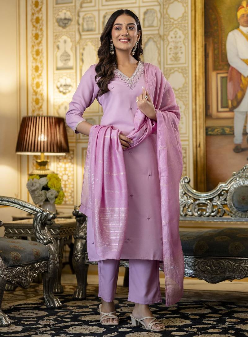 Women's pink viscose rayon sequin stone embroidered v neck kurta pant set with chanderi dupatta