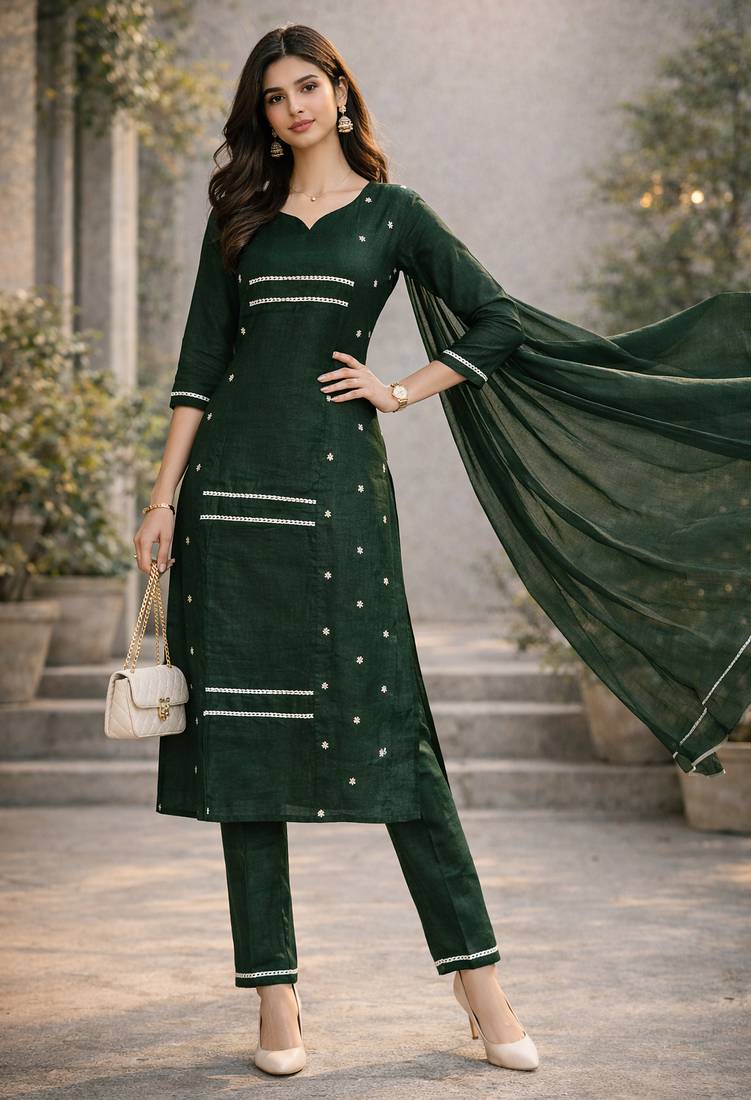  women's embroidered silk chiffon kurta set with plain dupatta