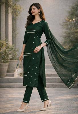 Arriva fab women's embroidered silk chiffon kurta set with plain dupatta 2