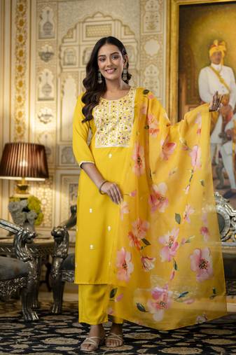 Women's yellow viscose rayon sequin stone embroidered round neck kurta pant set with organza dupatta