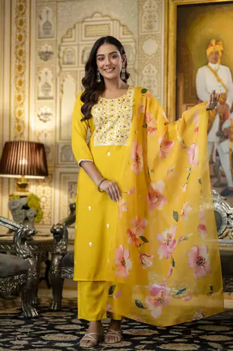 Women's yellow viscose rayon sequin stone embroidered round neck kurta pant set with organza dupatta