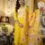 Women's yellow viscose rayon sequin stone embroidered round neck kurta pant set with organza dupatta