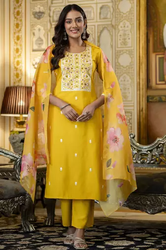 Women's yellow viscose rayon sequin stone embroidered round neck kurta pant set with organza dupatta