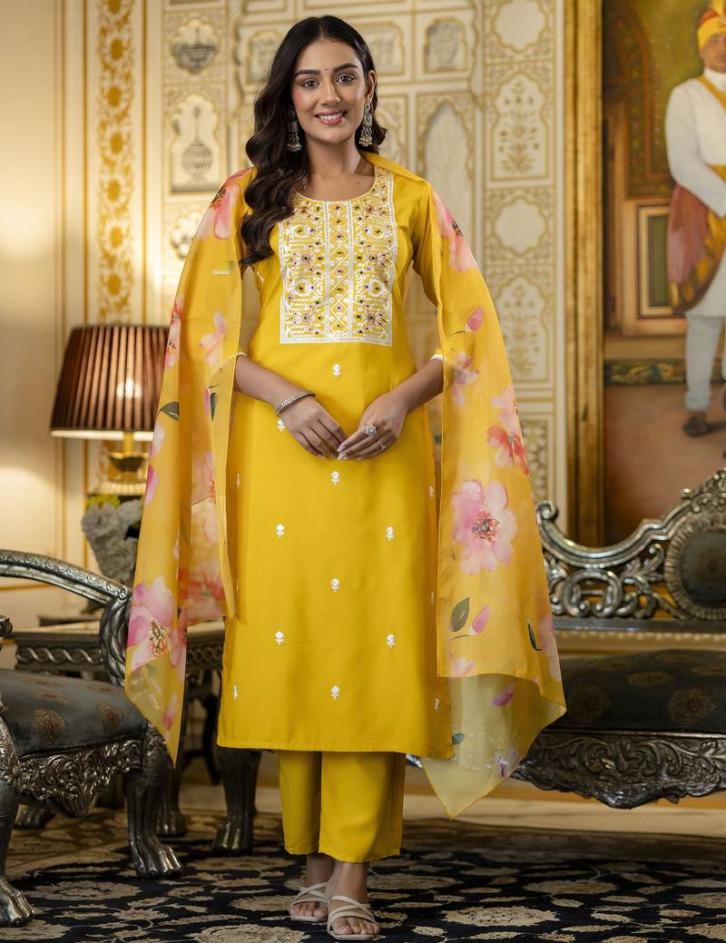 Women's yellow viscose rayon sequin stone embroidered round neck kurta pant set with organza dupatta