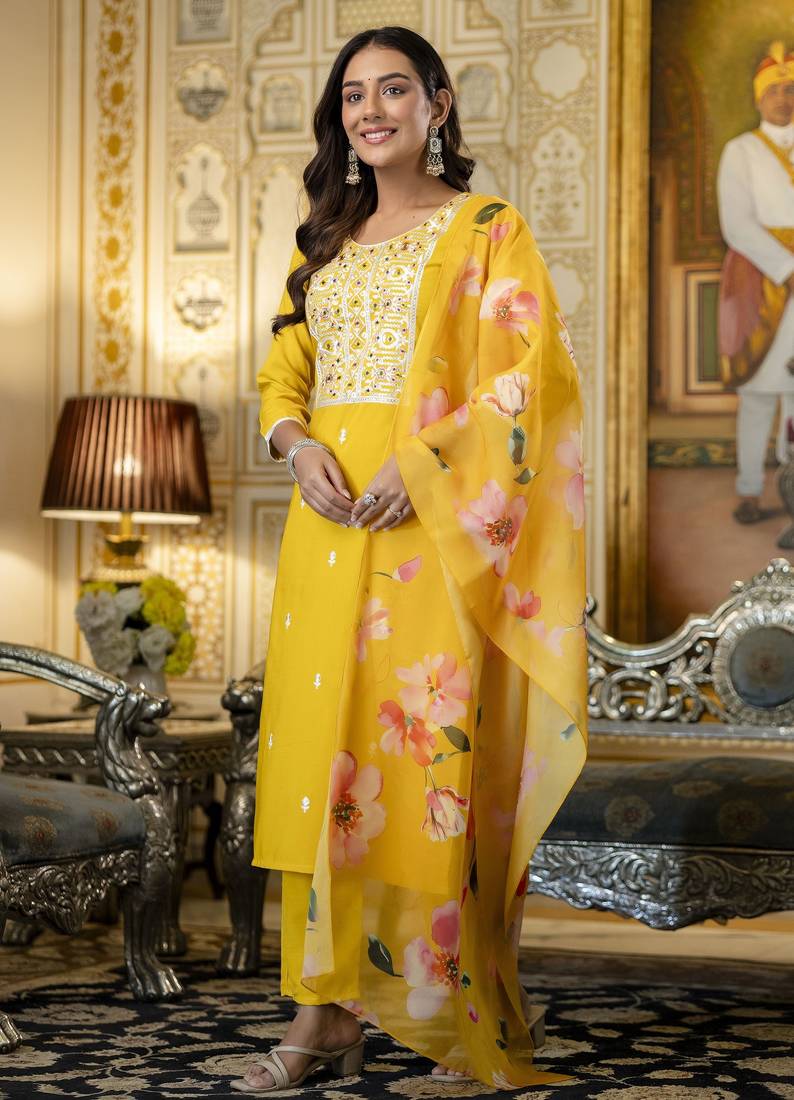 Women's yellow viscose rayon sequin stone embroidered round neck kurta pant set with organza dupatta