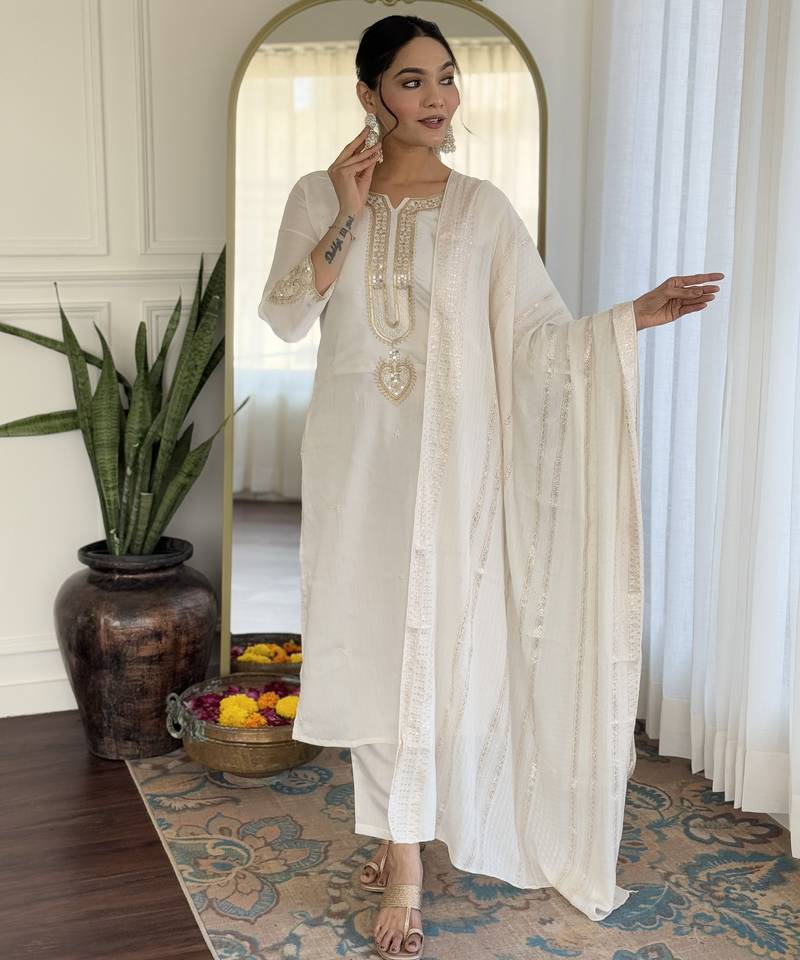 Women's off white viscose chanderi embroidered kurta pant set with jacquard dupatta
