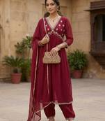  women's faux georgette embroidered alia cut kurta set with dupatta