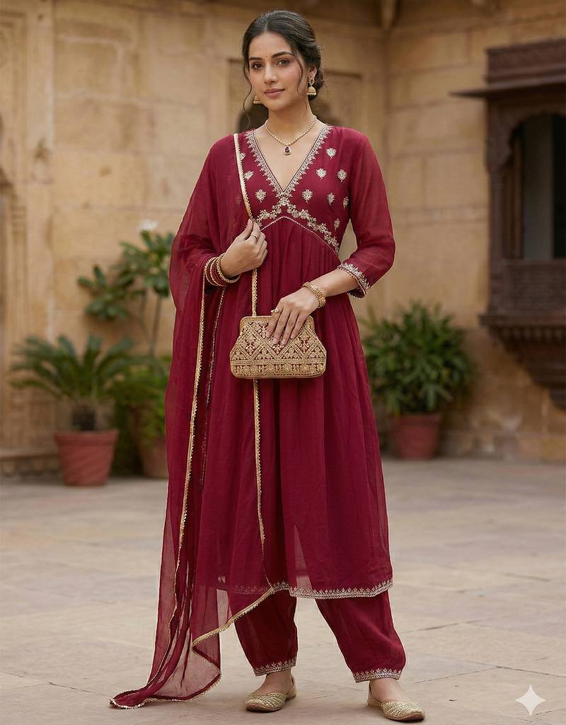  women's faux georgette embroidered alia cut kurta set with dupatta