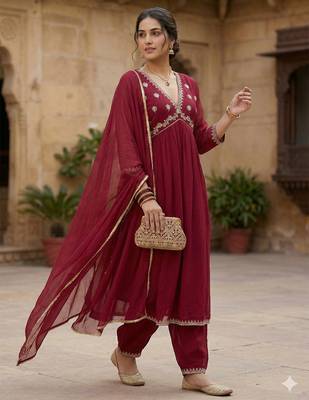 Arriva fab women's faux georgette embroidered alia cut kurta set with dupatta 2