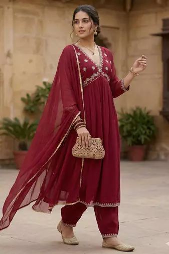 Arriva fab women's faux georgette embroidered alia cut kurta set with dupatta