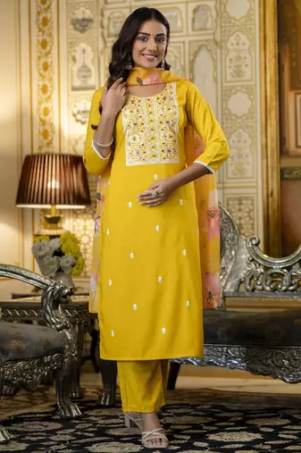 Women's yellow viscose rayon sequin stone embroidered round neck kurta pant set with organza dupatta