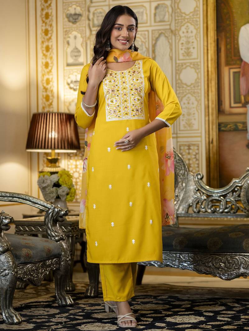 Women's yellow viscose rayon sequin stone embroidered round neck kurta pant set with organza dupatta