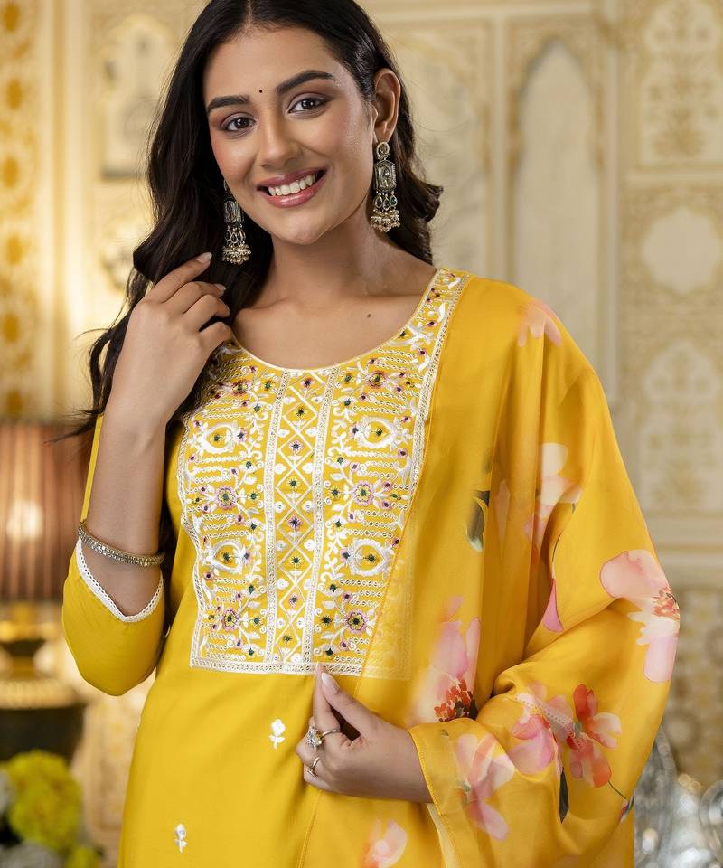 Women's yellow viscose rayon sequin stone embroidered round neck kurta pant set with organza dupatta
