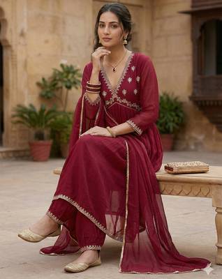 Arriva fab women's faux georgette embroidered alia cut kurta set with dupatta 4