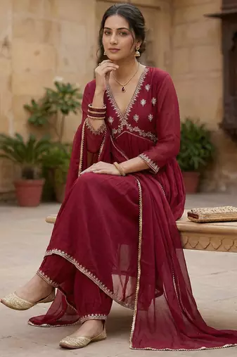 Arriva fab women's faux georgette embroidered alia cut kurta set with dupatta